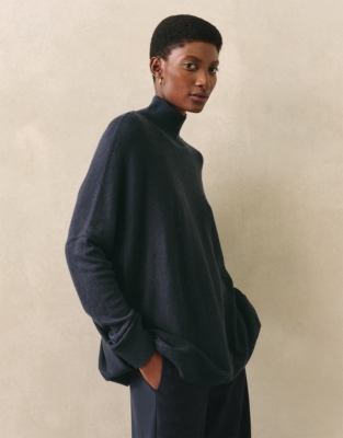 Oversized Funnel Neck Jumper with Cashmere - Navy