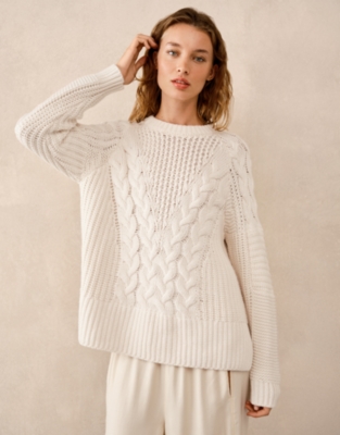 Oversized Patchwork Cable Jumper with Wool