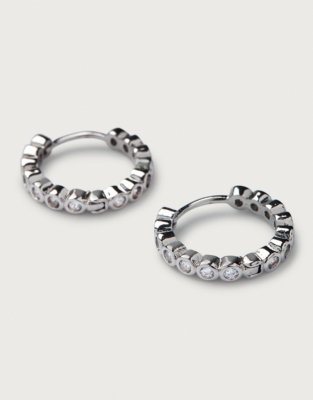 Platinum Plated Set Stone Huggie Earrings