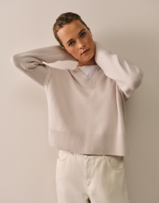 Pointelle Detail V-Neck Jumper with Cashmere - Shell Pink