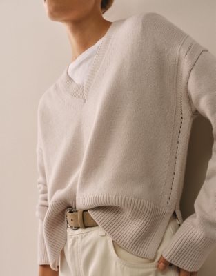 Pointelle Detail V-Neck Jumper with Cashmere - Shell Pink
