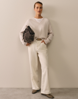 Pointelle Detail V-Neck Jumper with Cashmere - Shell Pink