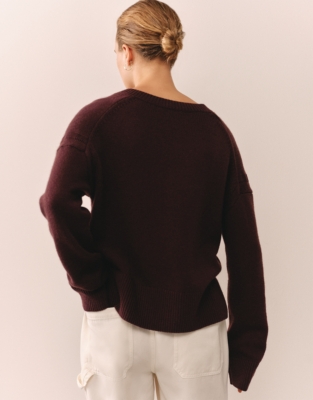 Pointelle Detail V-Neck Jumper with Cashmere - Oxblood