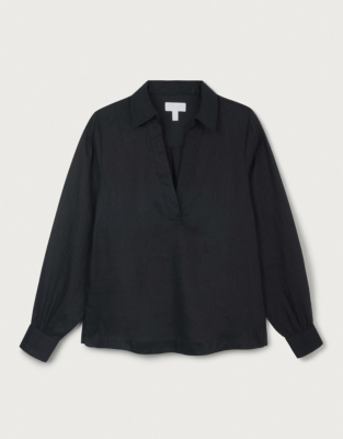 Pop Over Linen Stitch Detail Shirt - Black