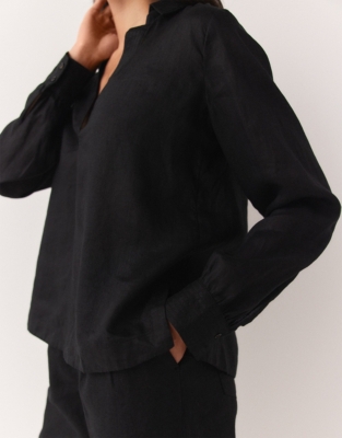 Pop Over Linen Stitch Detail Shirt - Black