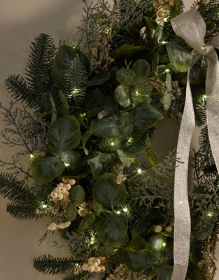 Pre-Lit Frosted Eucalyptus Wreath – 60cm