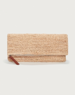 Raffia Foldover Zip Clutch Bag
