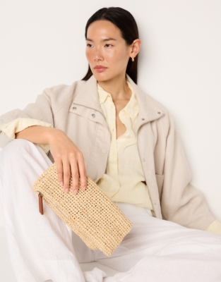 Raffia Foldover Zip Clutch Bag