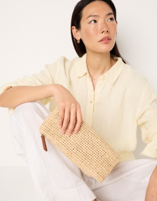Raffia Foldover Zip Clutch Bag