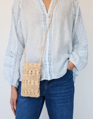 Raffia Scalloped Striped Weave Phone Pouch