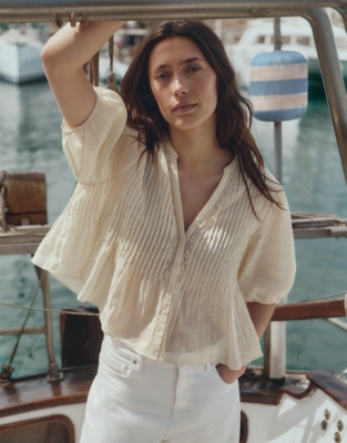 Ramie Pintuck Detail Boho Blouse