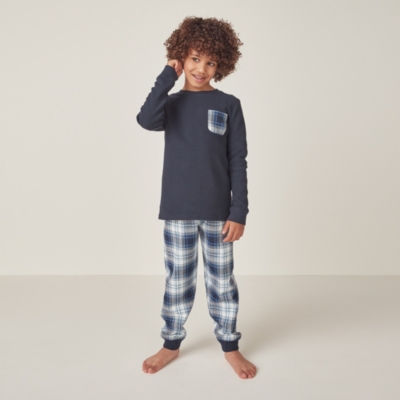 Relaxed Fit Waffle Top Cuffed Gingham Flannel Bottoms Pyjamas