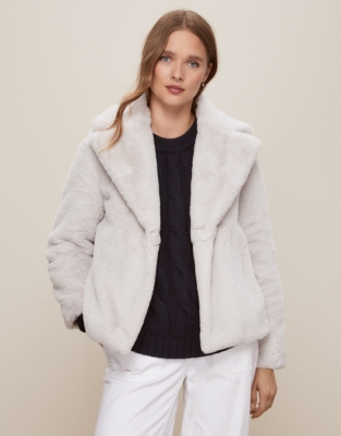 White company store faux fur coat