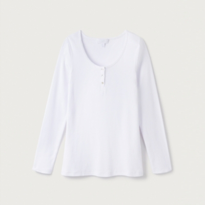 Rib Scoop Neck Henley - White