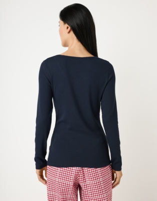 Rib Scoop Neck Henley - Navy