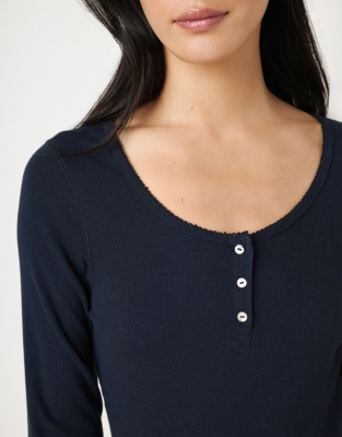 Rib Scoop Neck Henley - Navy
