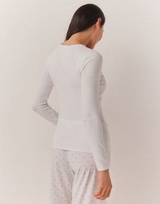 Rib Trim Detail Henley Pajama Top - White