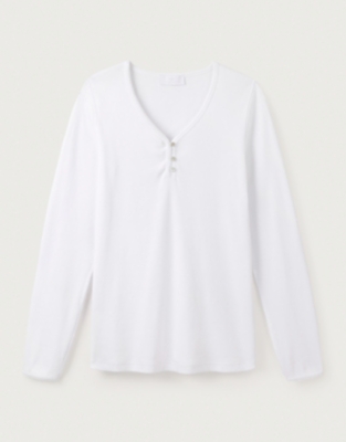 Rib Trim Detail Henley Pajama Top - White