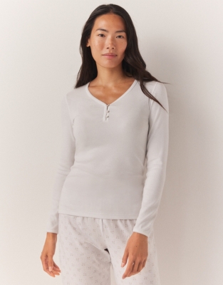 Rib Trim Detail Henley Pajama Top - White