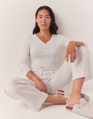 Rib Trim Detail Henley Pajama Top - White