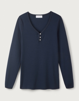 Rib Trim Detail Henley Pajama Top - Navy