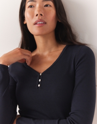 Rib Trim Detail Henley Pajama Top - Navy