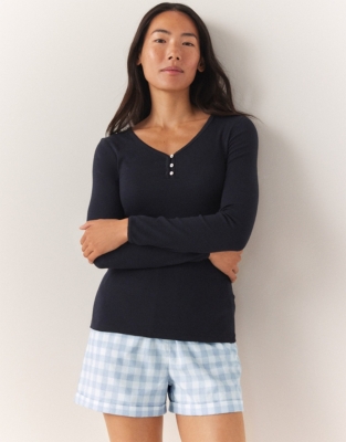 Rib Trim Detail Henley Pajama Top - Navy