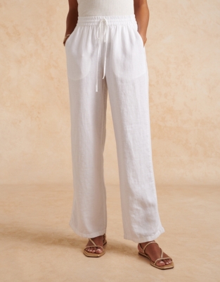 White Straight Linen Trousers, Formal Linen Pants for Women, Plus