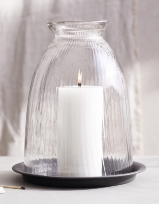 Ribbed Domed Glass Candle Holder with Tray – Large