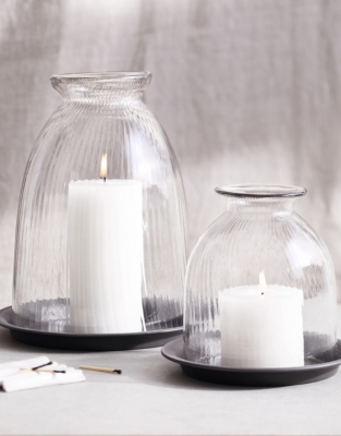 Ribbed Domed Glass Candle Holder with Tray – Large