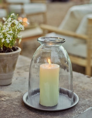Ribbed Domed Glass Candle Holder with Tray – Large