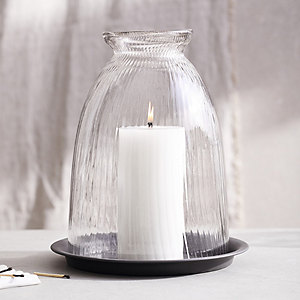 Ribbed Domed Glass Candle Holder with Tray - Large