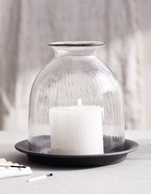 Ribbed Glass Dome Candle Holder with Tray – Medium