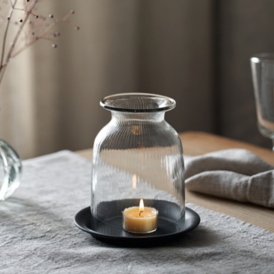 Ribbed Glass Dome Candle Holder with Tray Small Home Accessories