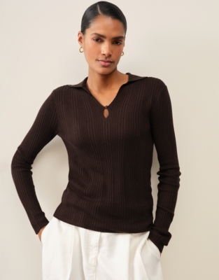 Ribbed Polo Top with Cashmere