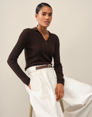Ribbed Polo Top with Cashmere