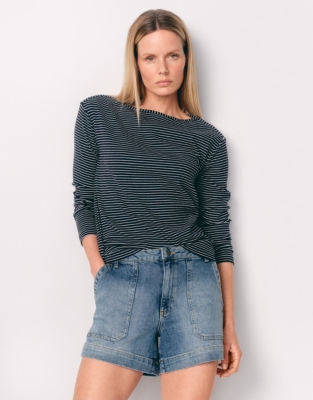 Ribbed Slash Neck Jersey Top - Navy/Ivory