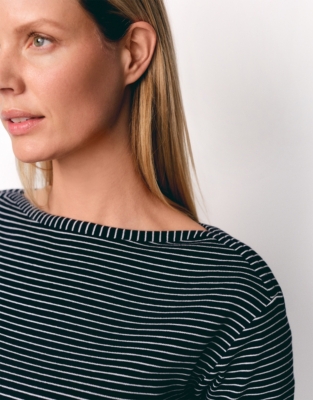 Ribbed Slash Neck Jersey Top - Navy/Ivory