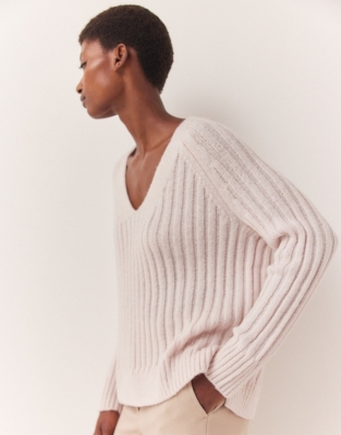 Ribbed V-Neck Jumper with Alpaca