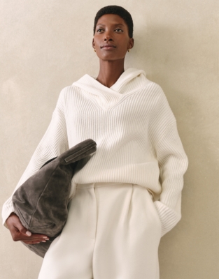 Ribbed Wrap Detail Hoodie with Cashmere - Porcelain