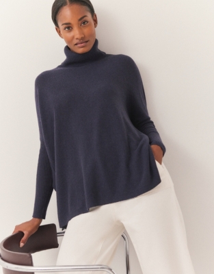 Roll Neck Oversized Jumper with Cashmere - Navy