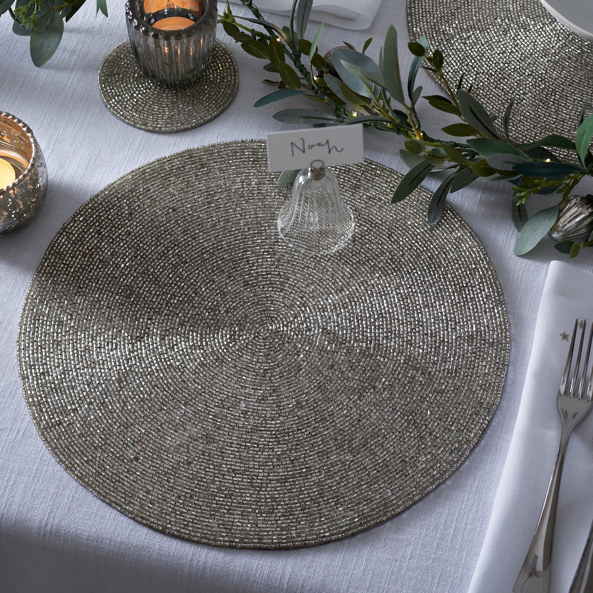 Round Beaded Placemats Set Of 2, Silver Beaded Round Placemats
