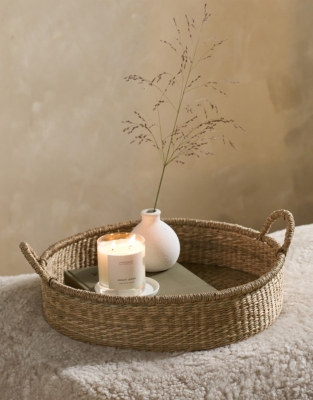 Round Seagrass Tray with Glass Base