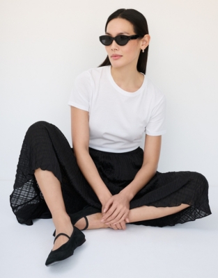 Satin Crinkle Midi Skirt - Black