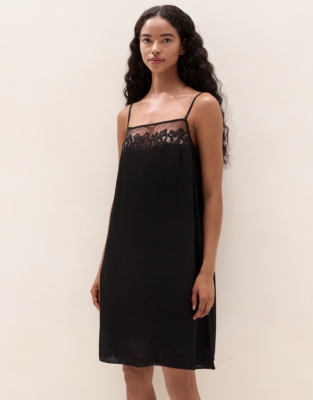 Satin Embroidered Mesh-Trim Cami Nightie