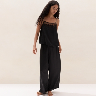 Satin Embroidered Mesh-Trim Cami Pyjama Set