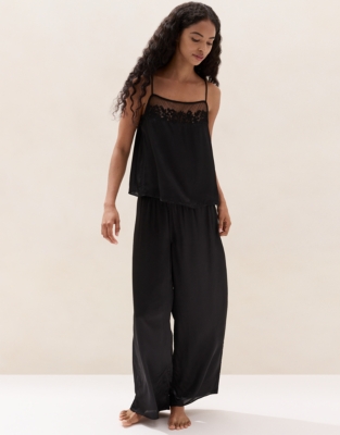 Satin Embroidered Mesh-Trim Cami Pyjama Set