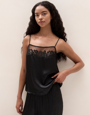 Satin Embroidered Mesh-Trim Cami Pyjama Set