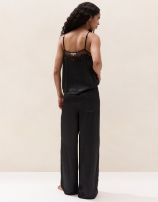 Satin Embroidered Mesh-Trim Cami Pyjama Set