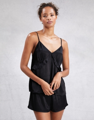 Plus Black Satin Frill Cami Short Pj Set